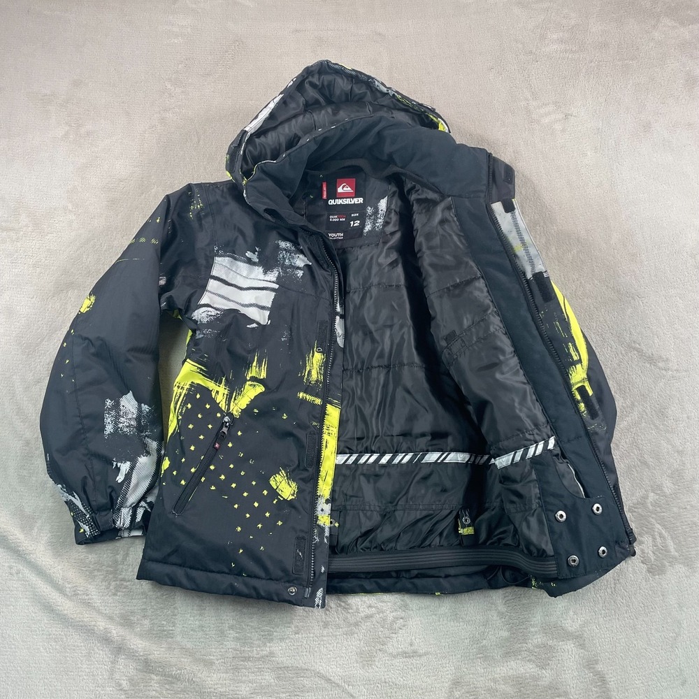 Quicksilver Ski Snowboard Jacket Youth 12 Large Black Multi Logo Hood QuikTech‎